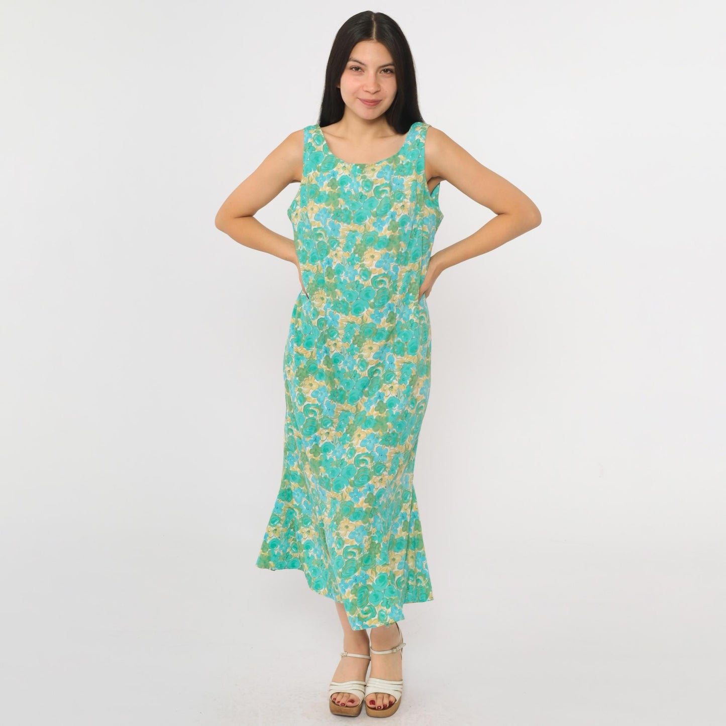 90s R & K Originals Floral Midi Dress Turquoise Blue Sleeveless Mermaid Hem Medium