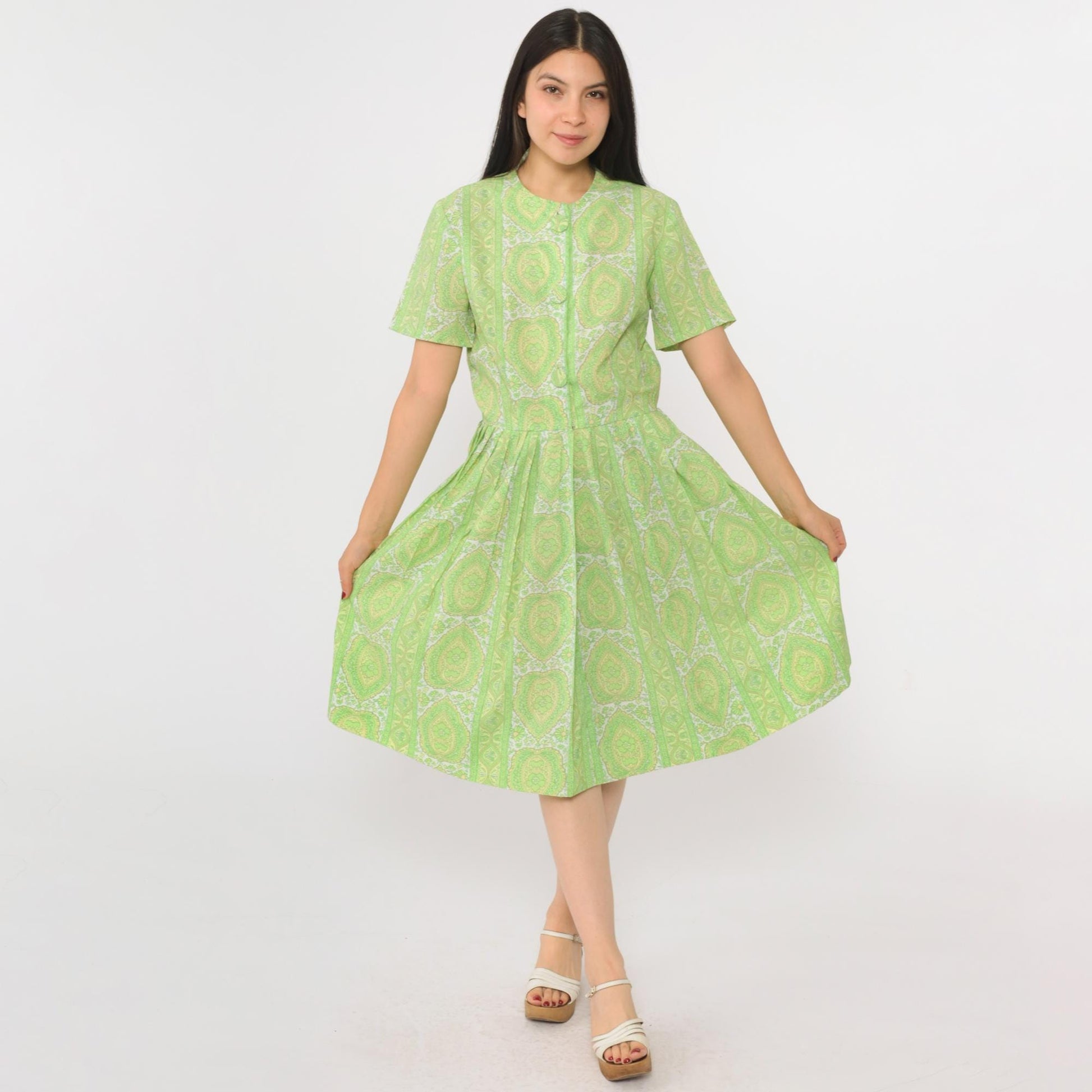 60s Green Floral Button-Up Dress Knee Length Pleated Skirt Small