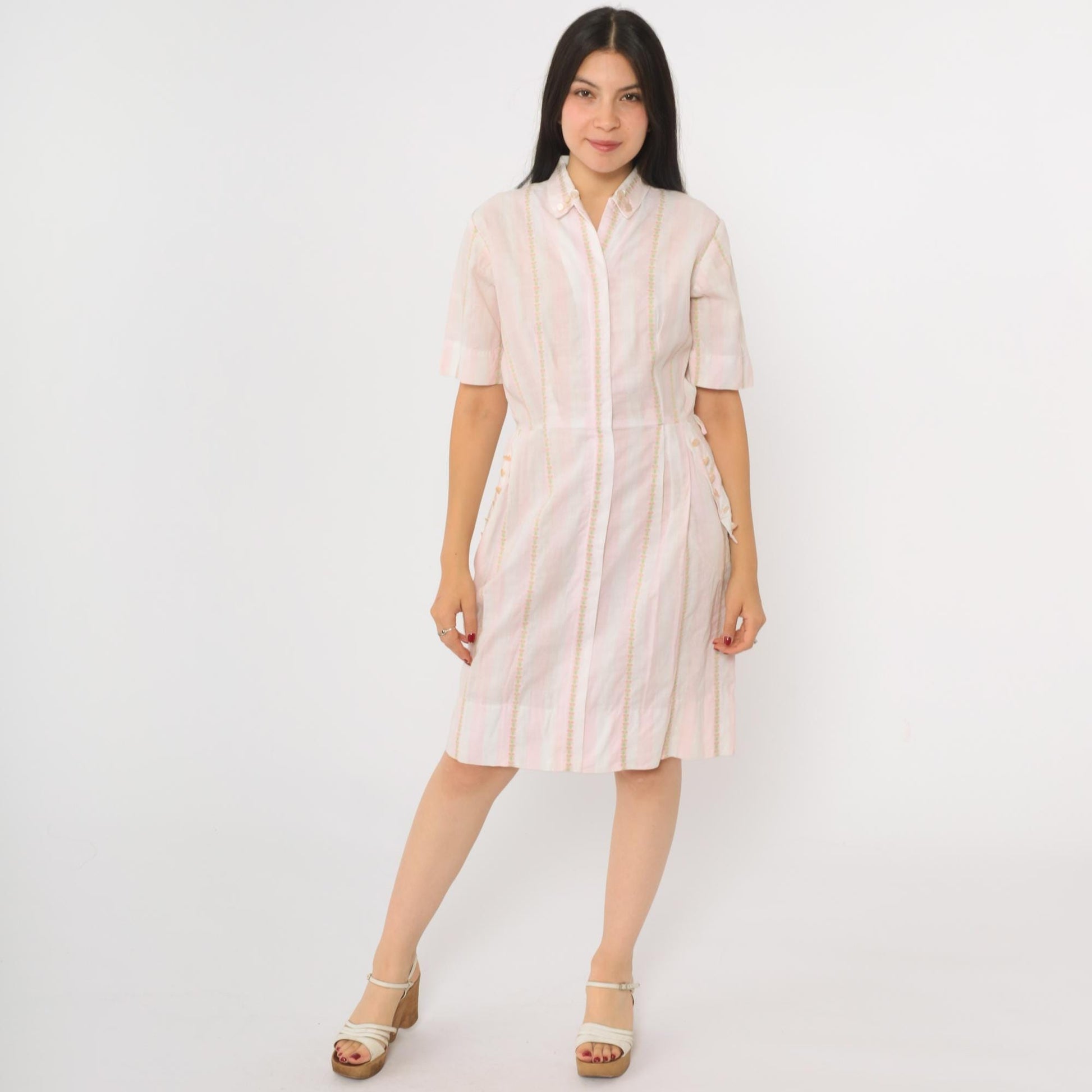 60s Pink White Striped Cotton Dress High Waist Zip Front Pockets Small