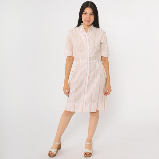 60s Pink White Striped Cotton Dress High Waist Zip Front Pockets Small