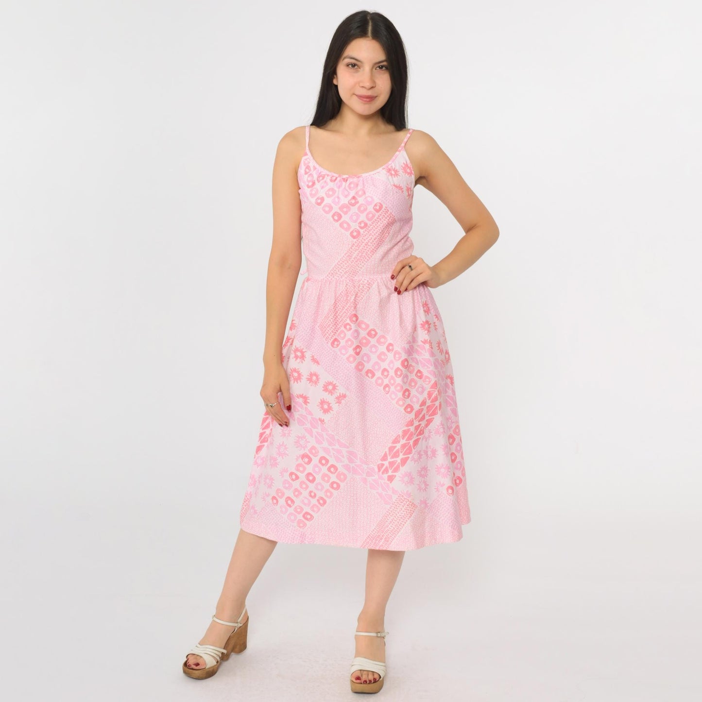 70s Malia Foster Hawaiian Midi Dress Pink Geometric High Waist Spaghetti Strap Extra Small