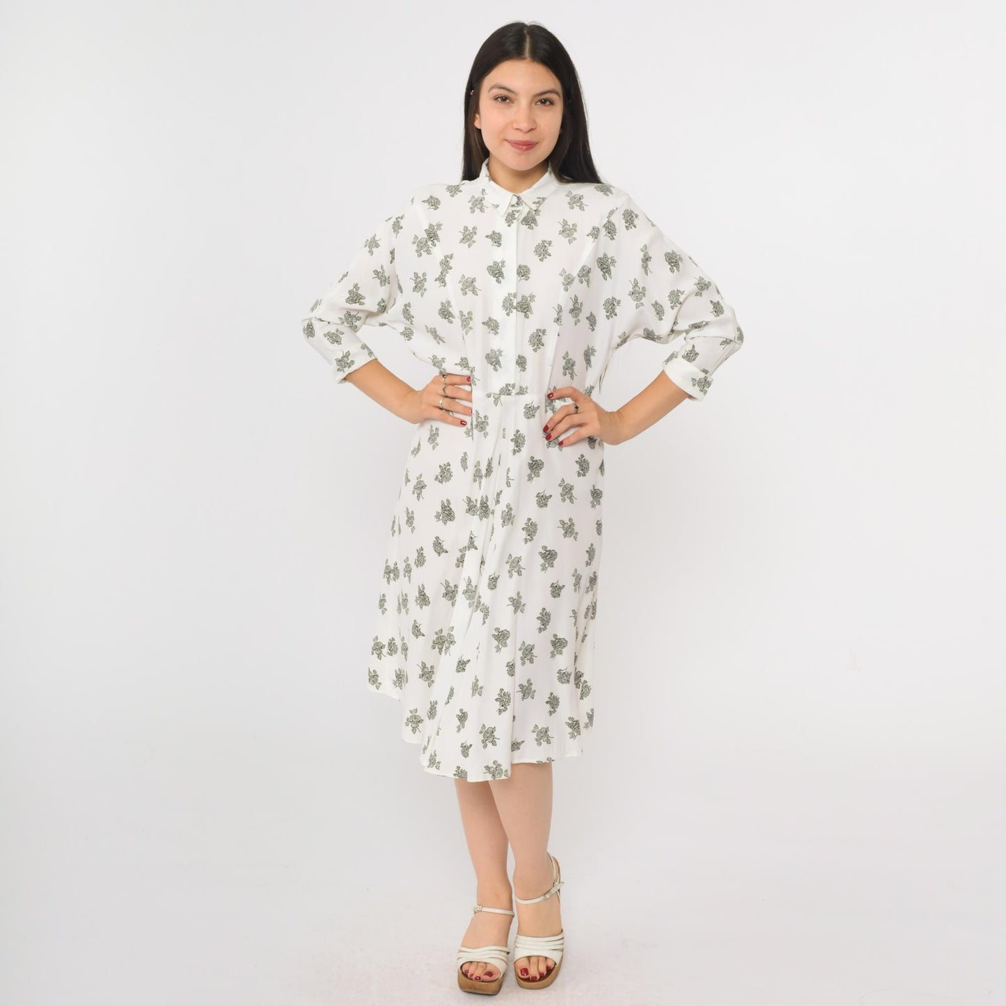 90s White Floral Button-Up Shirtdress Knee Length 3/4 Sleeve Small