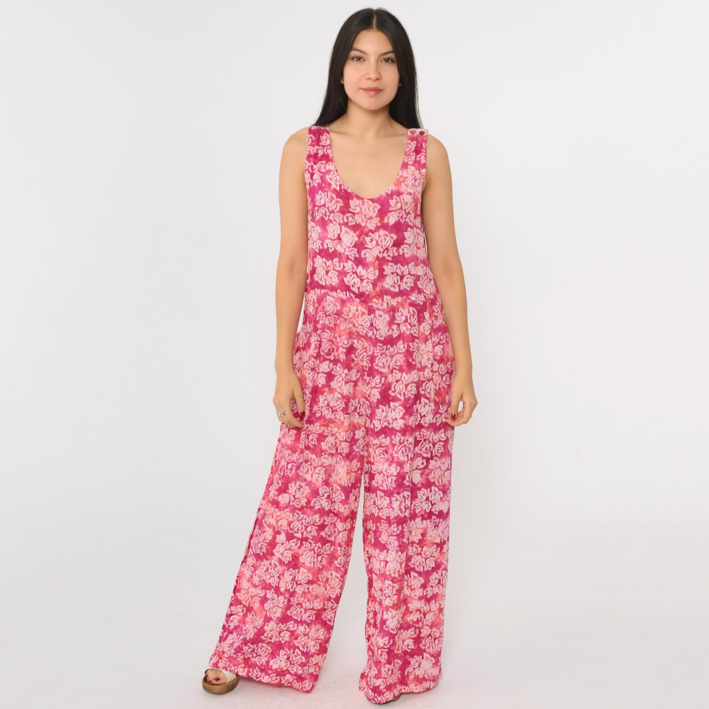90s April Cornell Pink Tie Dye Floral Wide Leg Jumpsuit Scoop Neck Medium M