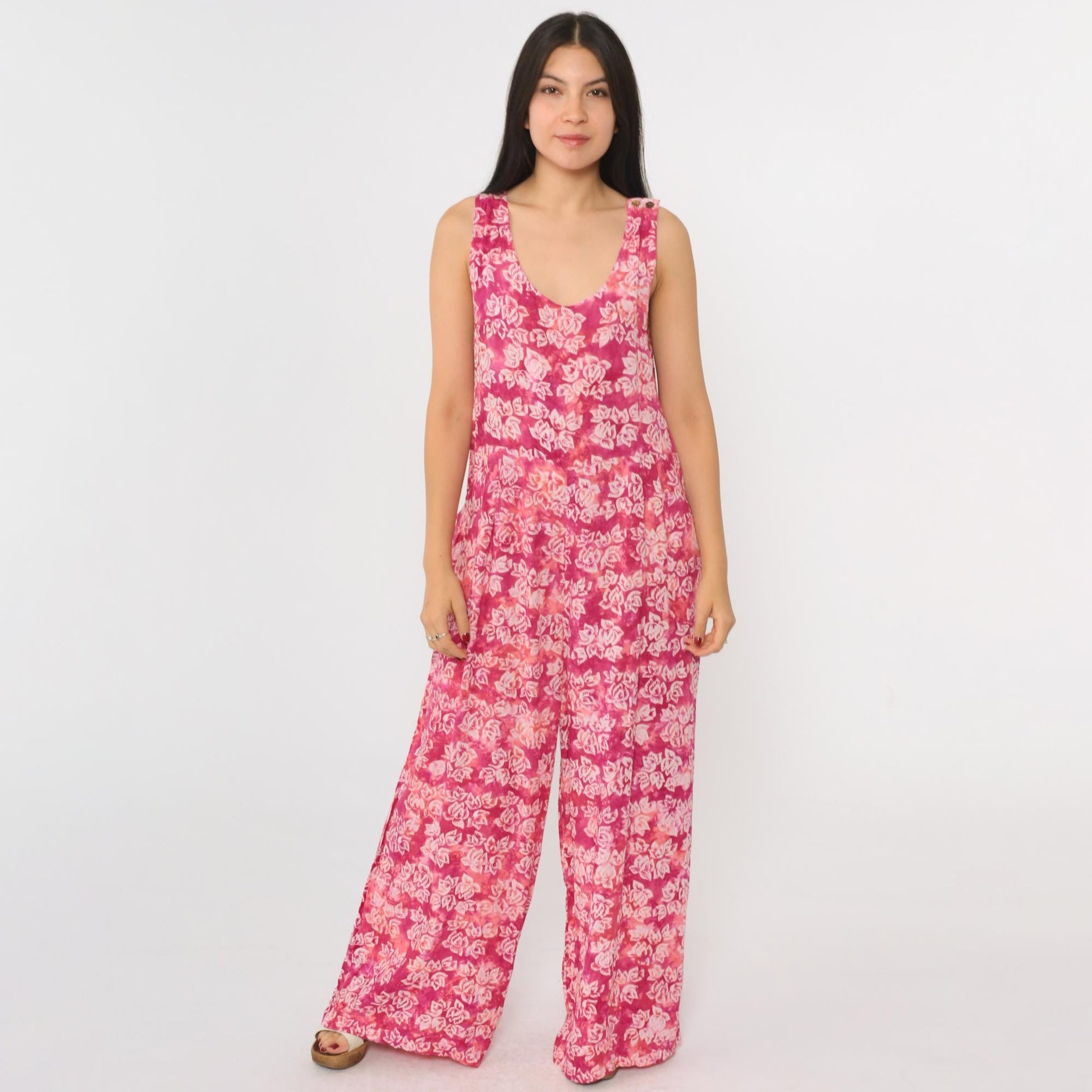 90s April Cornell Pink Tie Dye Floral Wide Leg Jumpsuit Scoop Neck Medium M