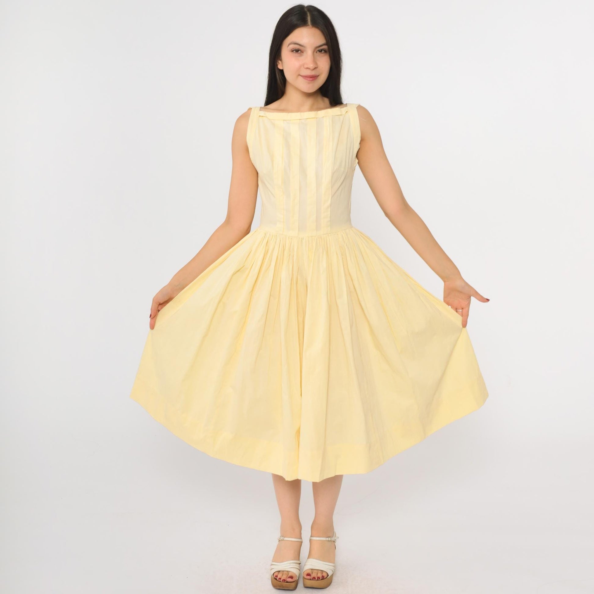 60s Yellow Boatneck Midi Dress Pleated Full Skirt Sleeveless Extra Small