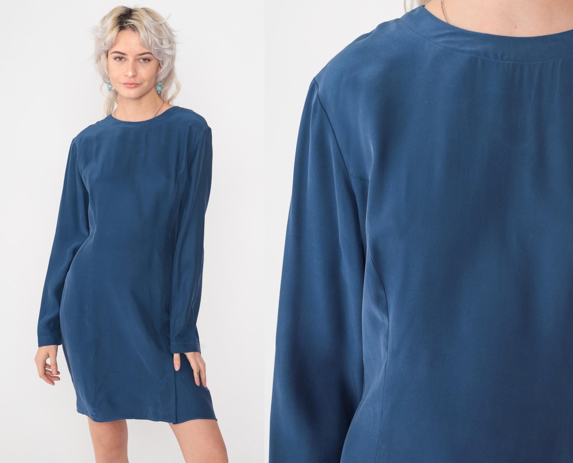 90s Maggy London Dark Blue Silk Mini Dress Long Sleeve Sheath Medium 8