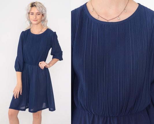 80s Navy Puff Sleeve Mini Dress Knife Pleated High Waist Medium Large