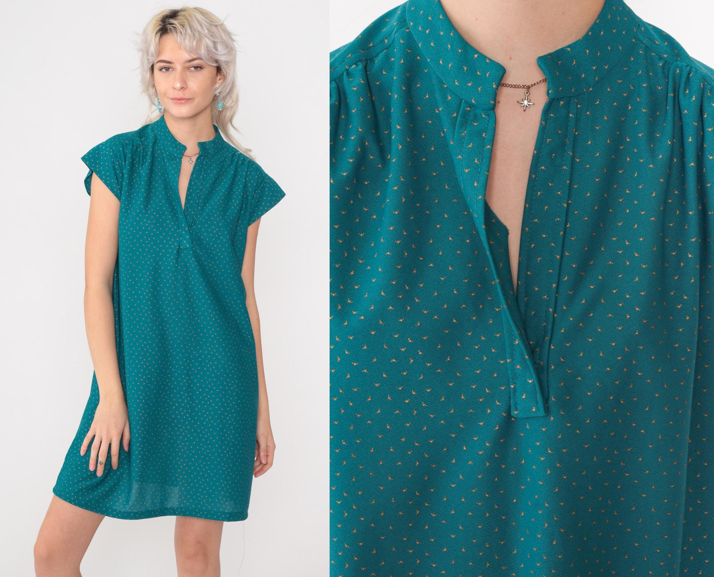 80s Teal Gold Confetti Dot Mini Shift Dress Cap Sleeve V-Neck Medium