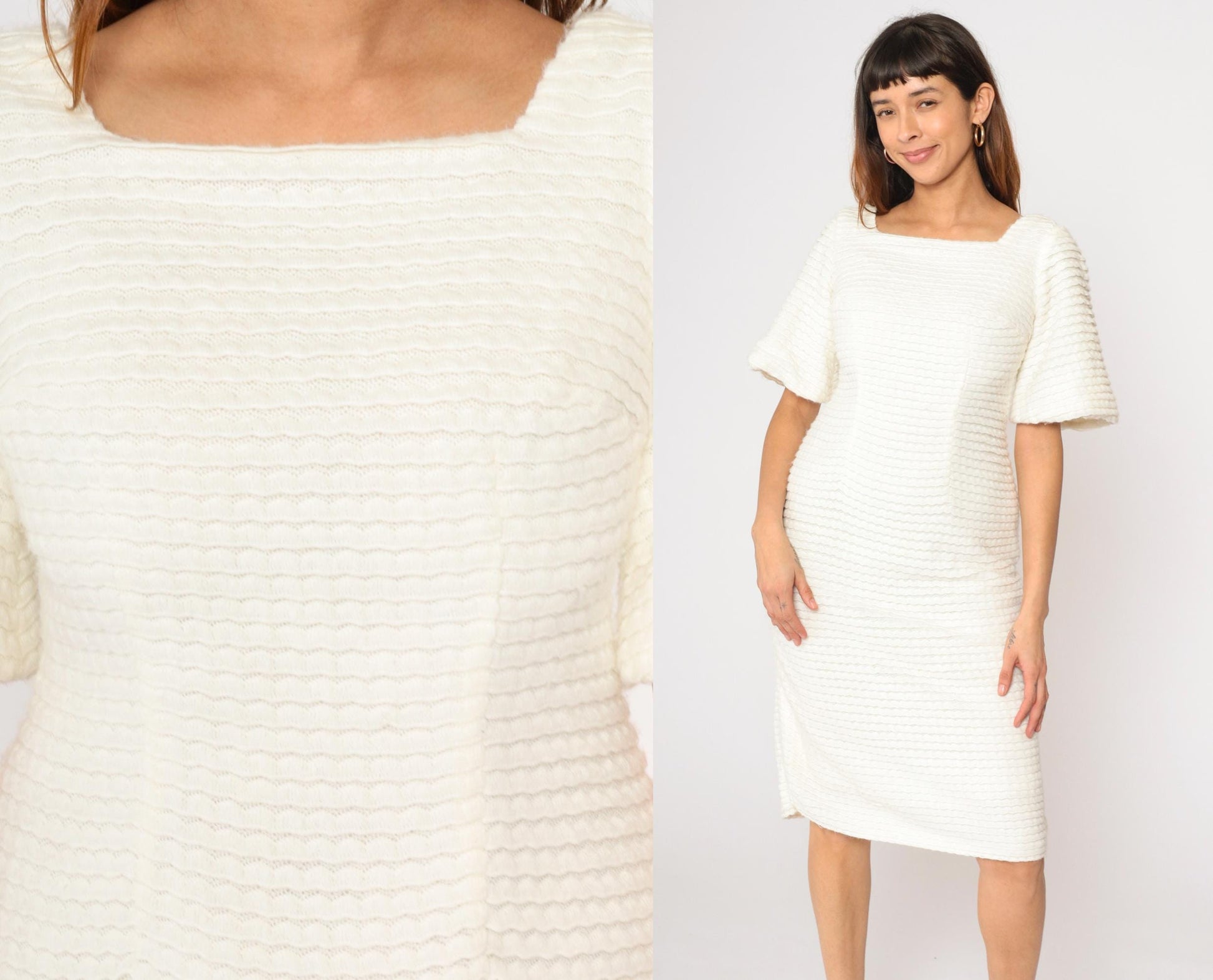 60s White Textured Knit Dress Square Neck Puff Sleeve Sheath Midi Small