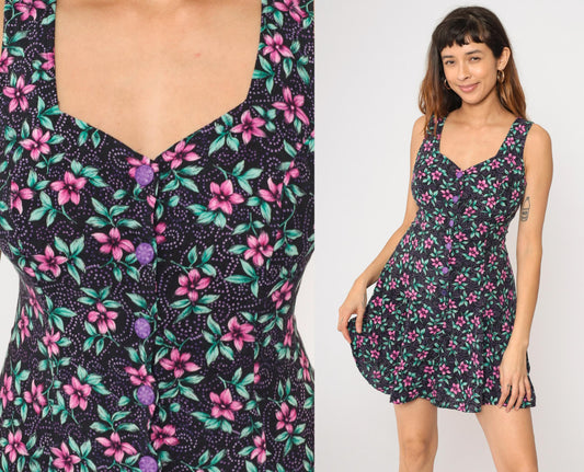 90s Joni Blair Black Floral Romper Sweetheart Neckline Wide Leg Medium