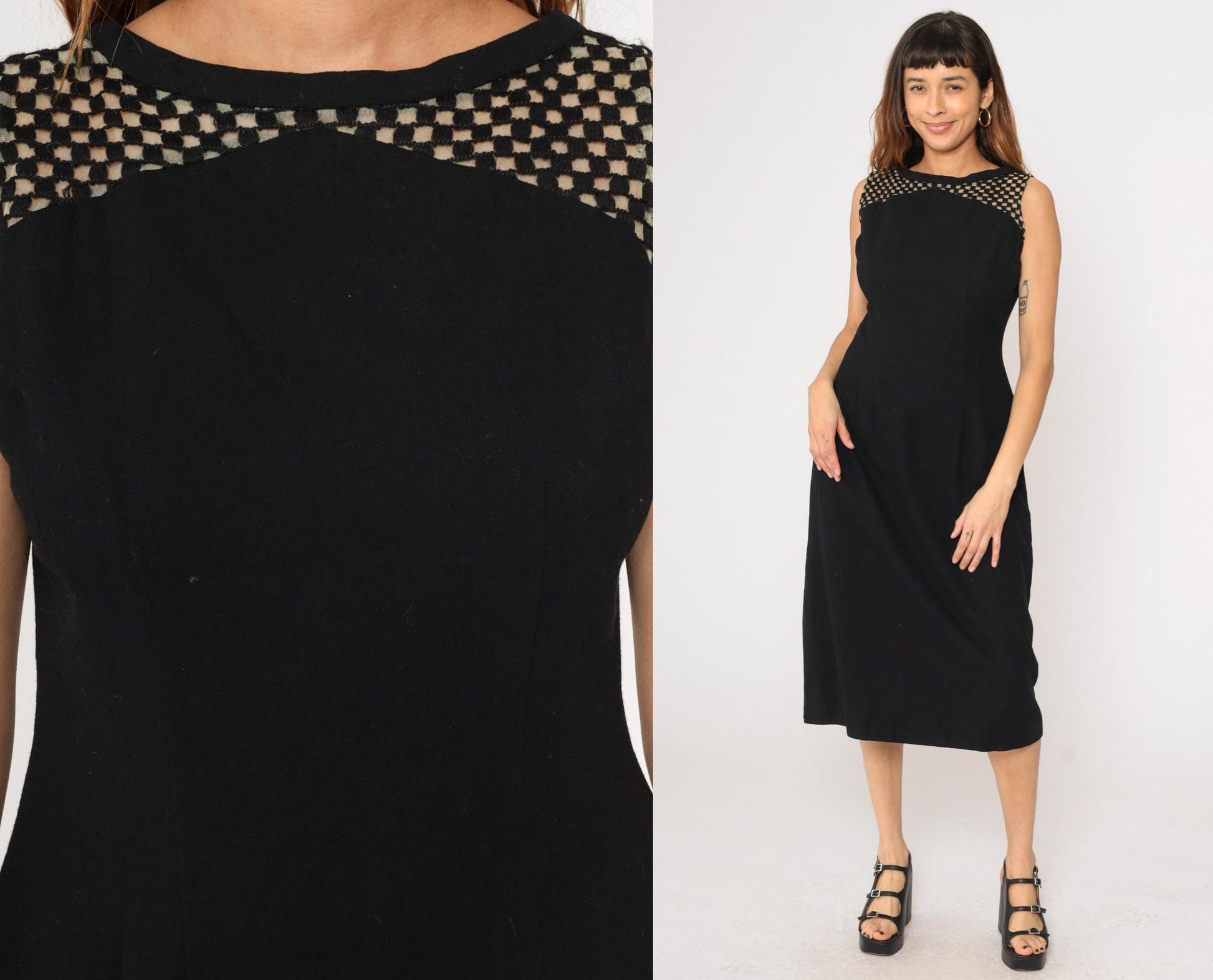 1960s Black Wool Midi Cocktail Dress Sheer Checkered Yoke Sleeveless Medium