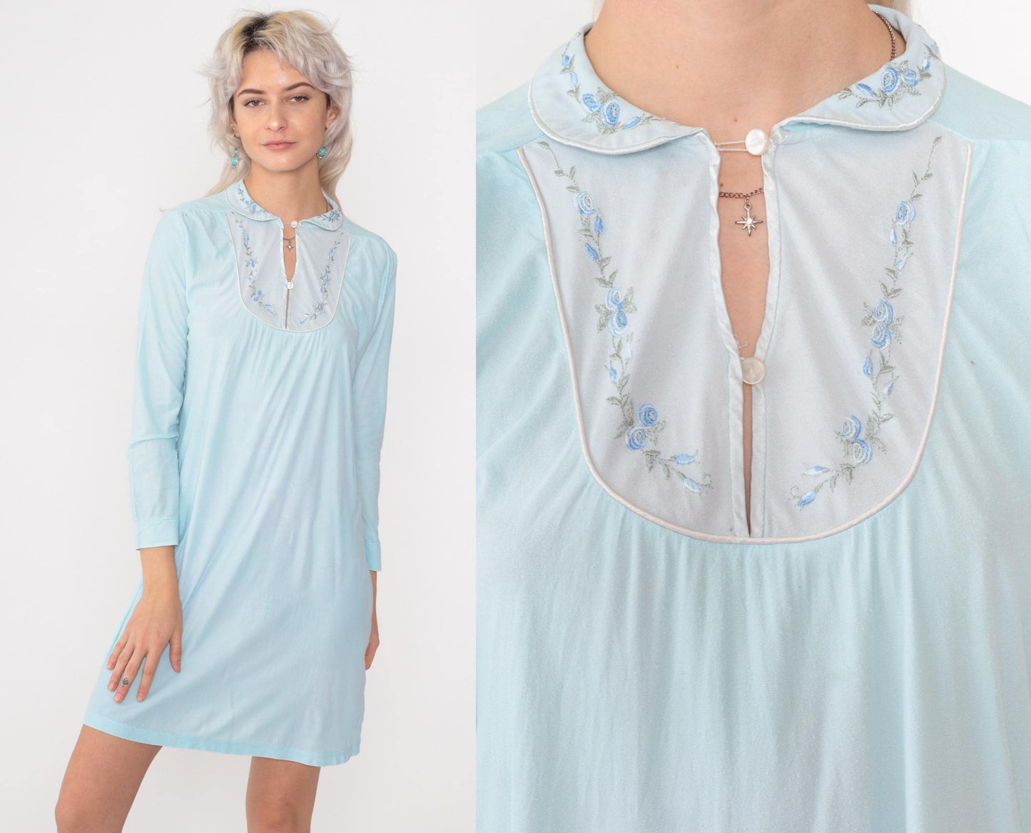 70s Baby Blue Embroidered Floral Pajama Dress Nylon Nightgown Mini Small
