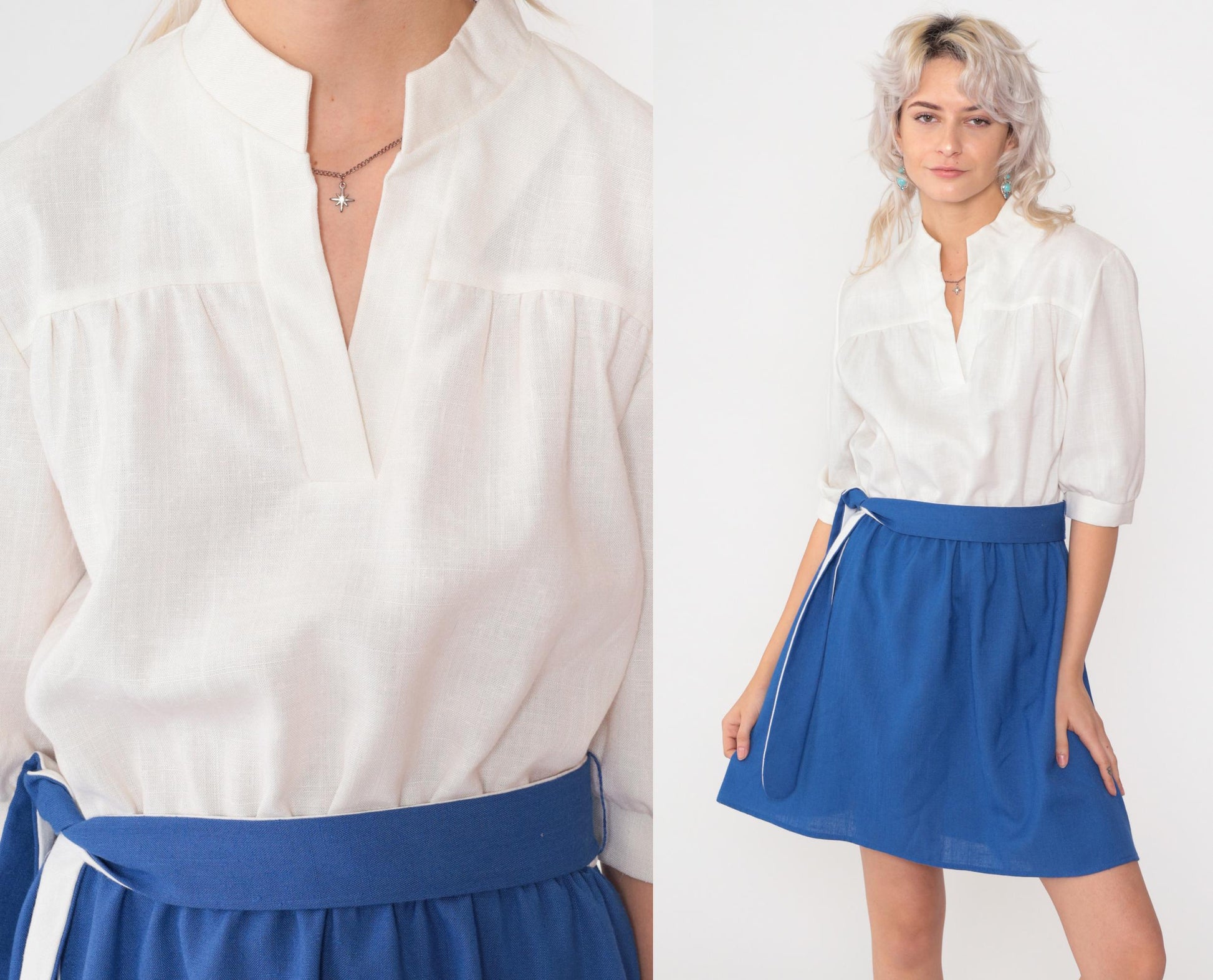 80s Two-Tone Mini Dress Royal Blue White Color Block High Waist Medium M