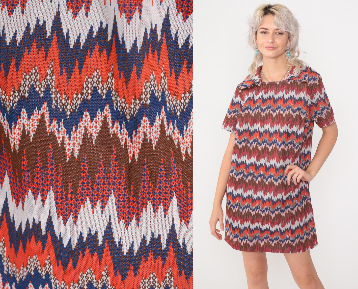 1960s Psychedelic Striped Mod Shift Dress Mini Orange Brown Blue Large