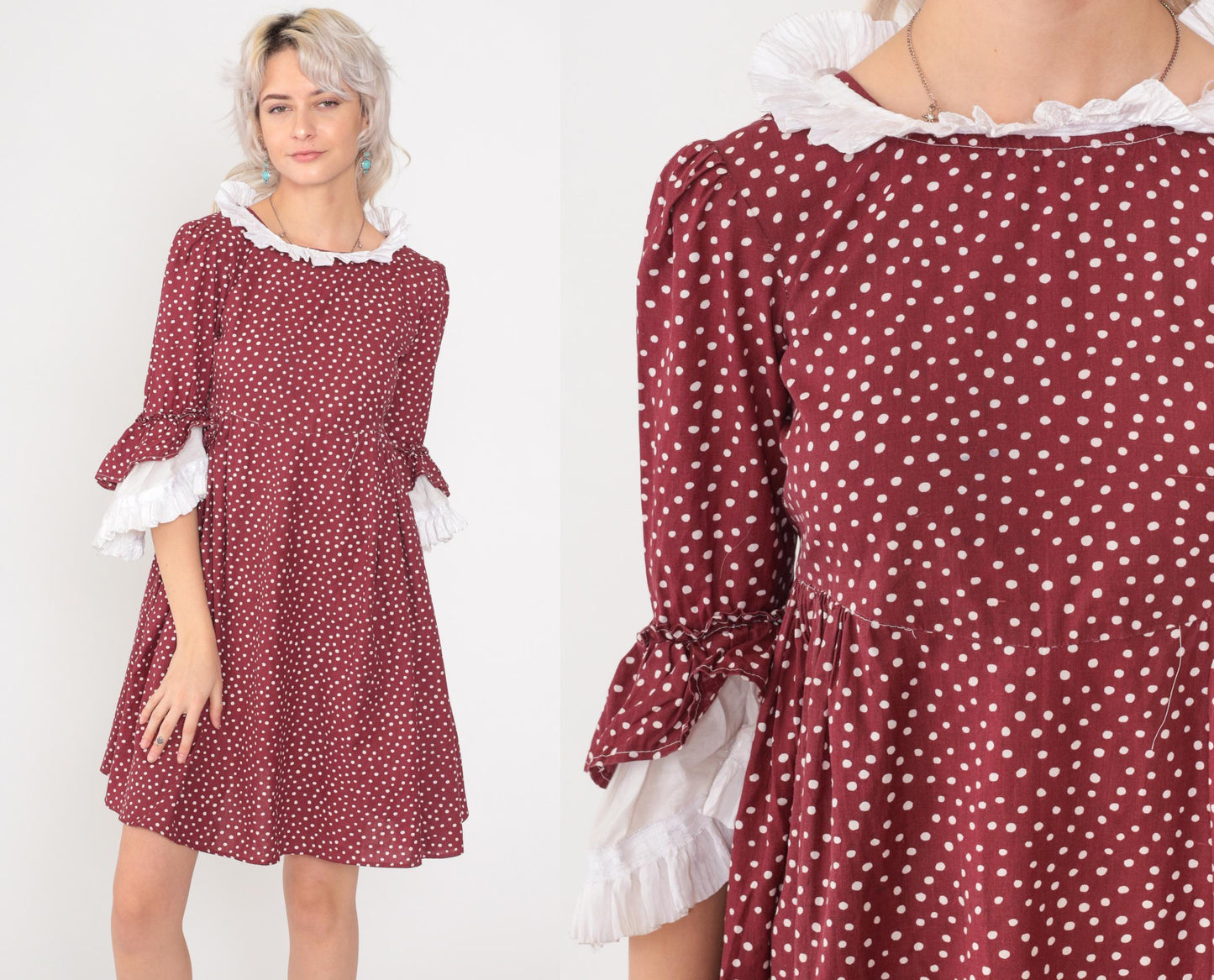 70s Burgundy Polka Dot Prairie Dress Puff Sleeve Ruffle Collar Mini Cotton Extra Small