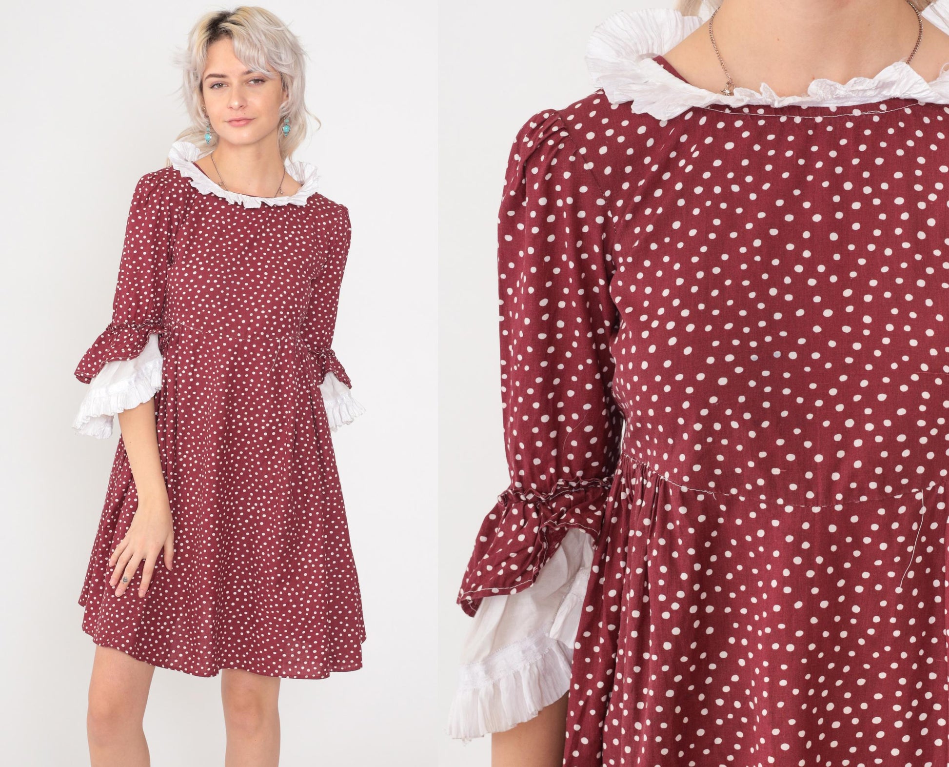 70s Burgundy Polka Dot Prairie Dress Puff Sleeve Ruffle Collar Mini Cotton Extra Small