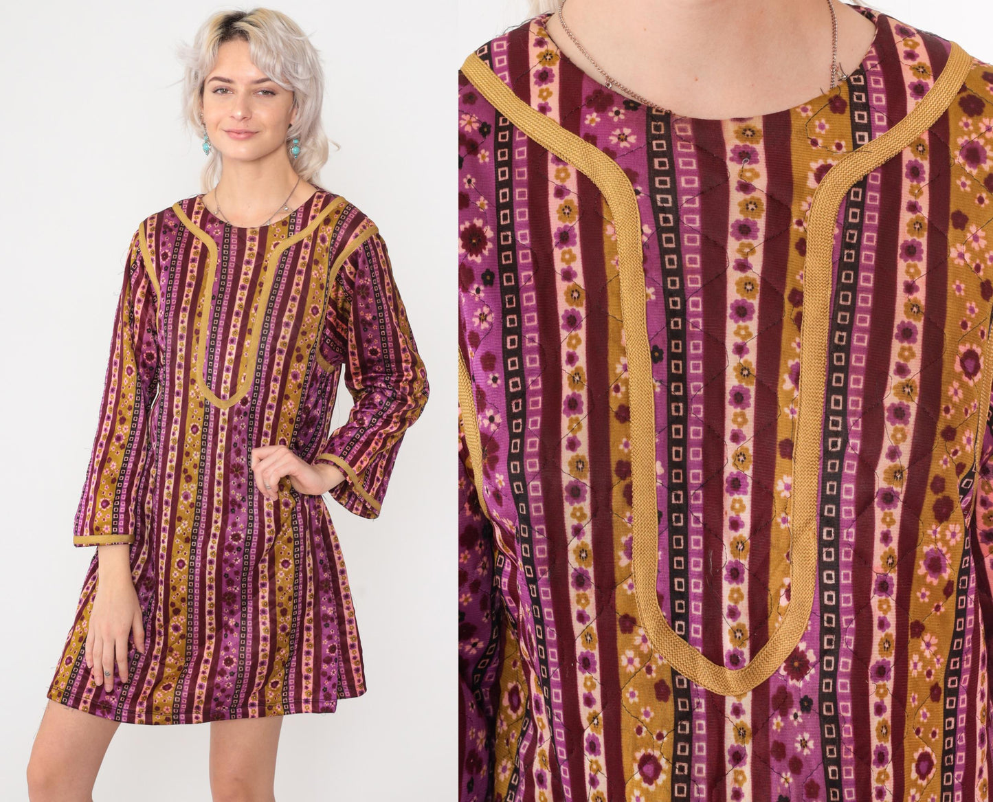 70s Quilted Floral Shift Dress Purple Mustard Striped Mini Small S