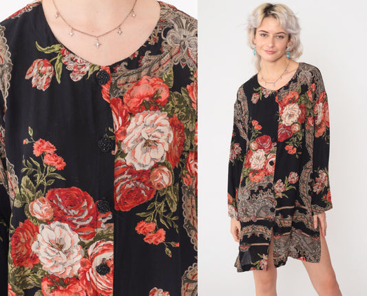 90s Frankly Feminine Floral Mini Dress Black Button-Up Shirtdress Medium