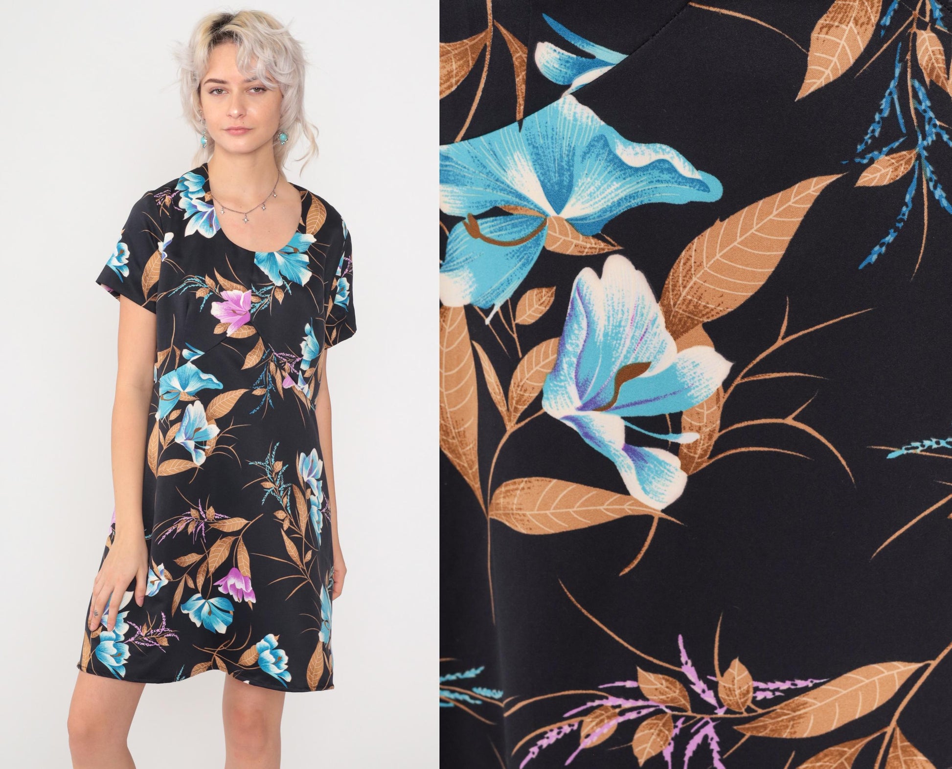 70s Tropical Floral Babydoll Dress Black Empire Waist Mini Scoop Neck Large
