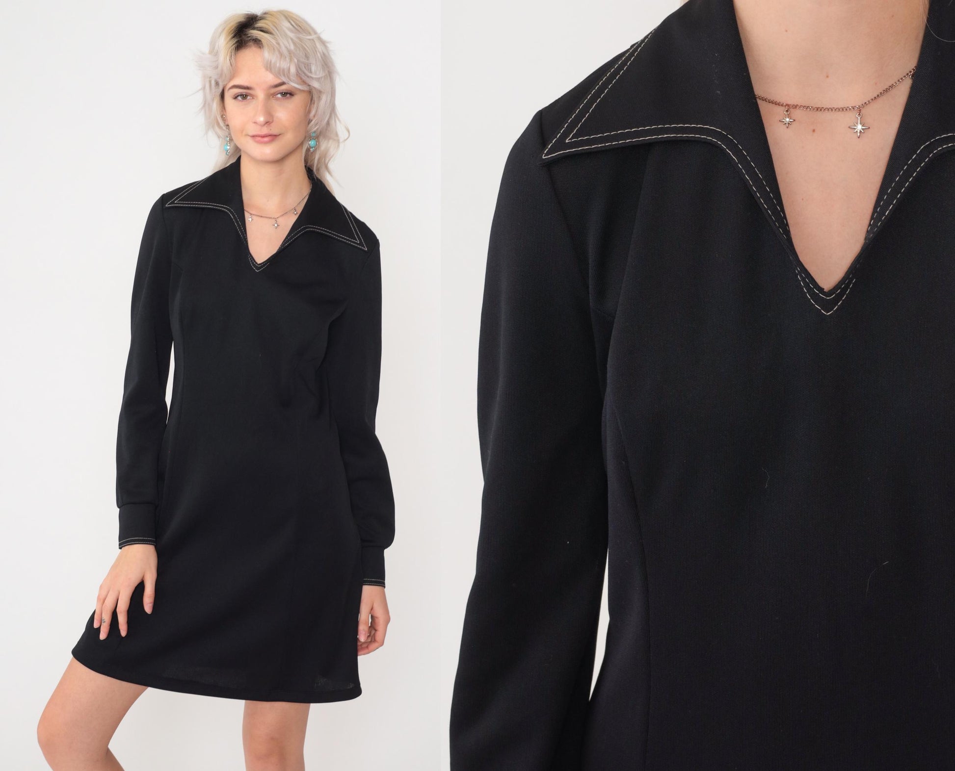 70s Black Mini Dress Dagger Collar White Topstitching Sheath Medium Large