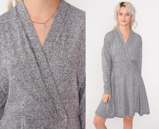 80s Grey Mini Wrap Dress V-Neck Dropped Armhole Long Sleeve Small