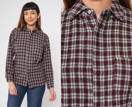 80s Rollex Wool Blend Plaid Button-Up Shirt Grey Red Small