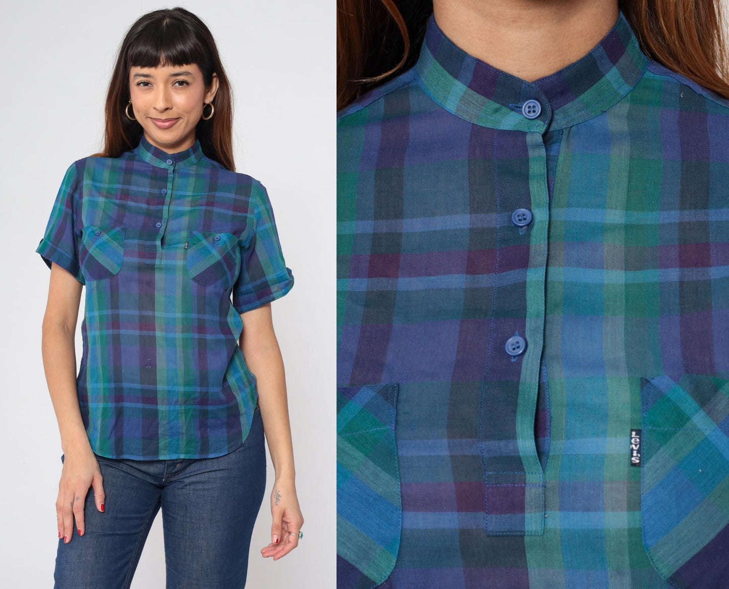 80s Levi's Plaid Button-Up Blouse Purple Blue Green Mandarin Collar Small S