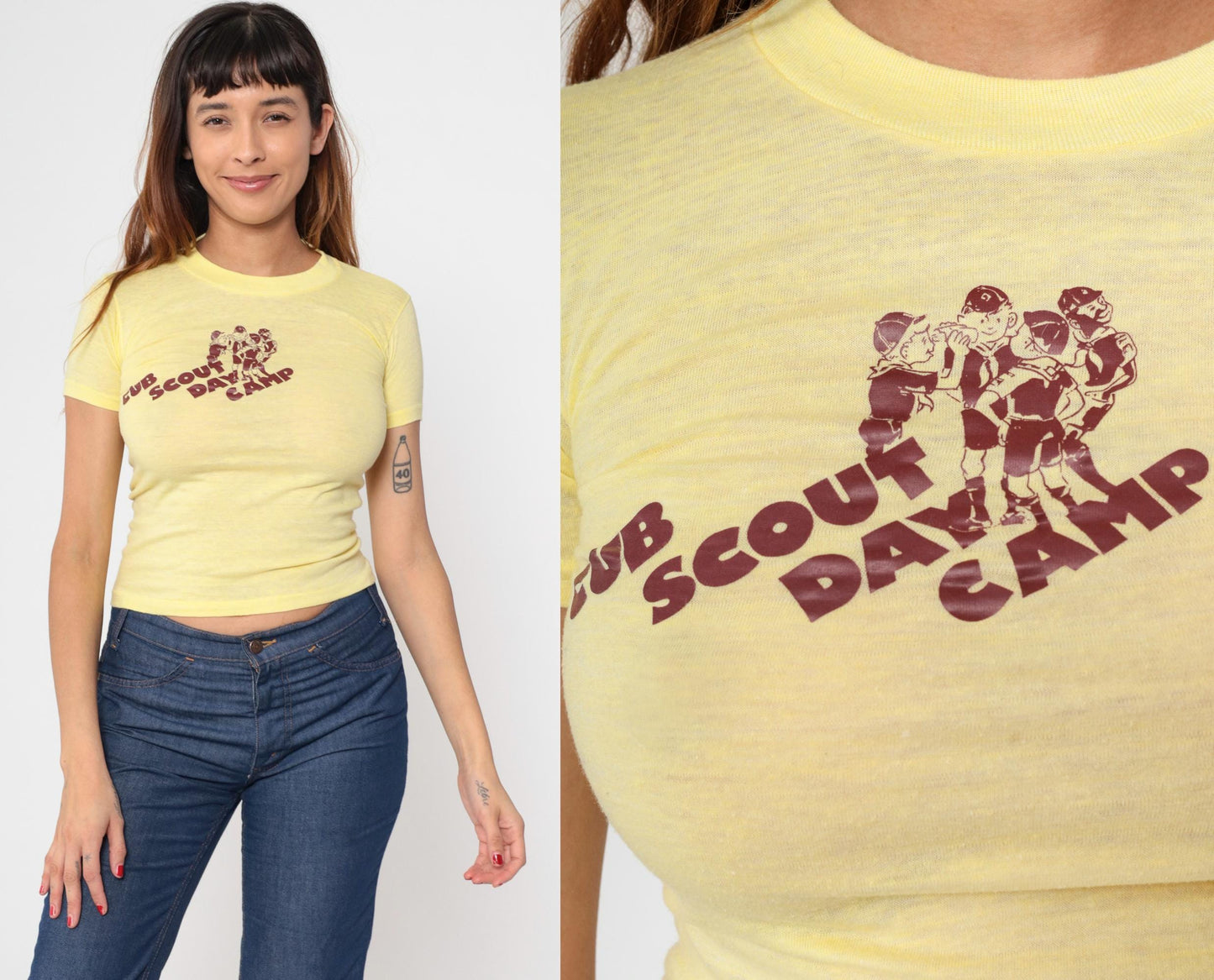 80s Cub Scout Day Camp Graphic Crop Tee Yellow Extra Small