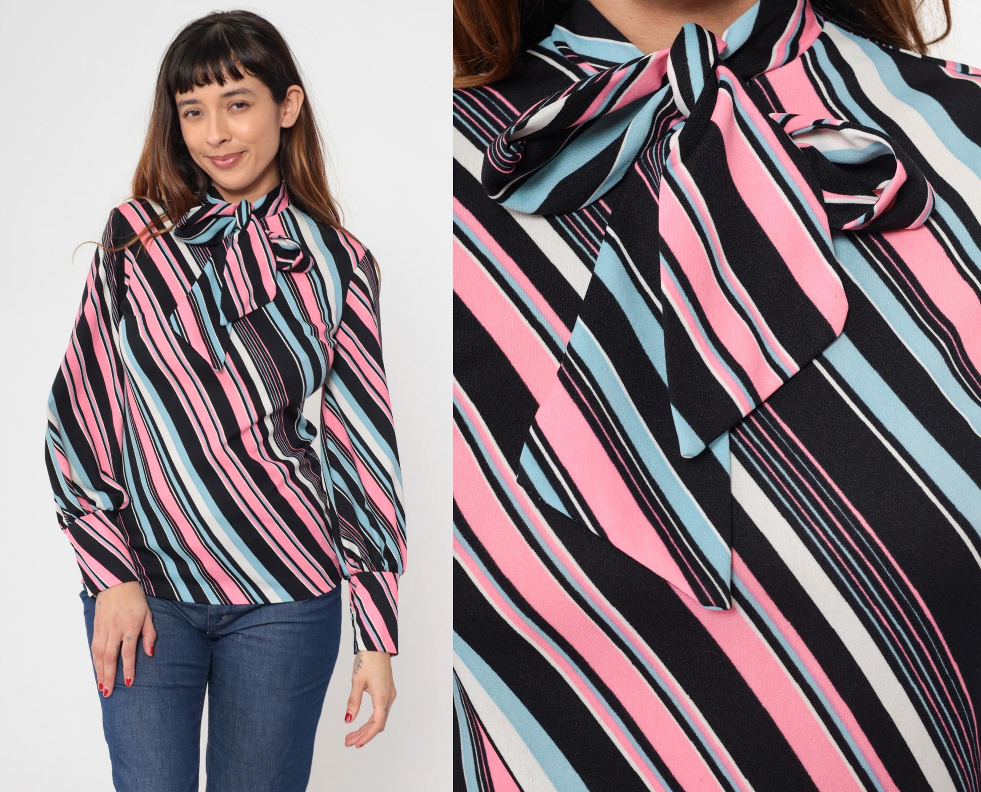 70s The Islander Striped Ascot Blouse Pink Blue Black Long Sleeve Small