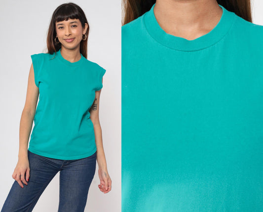 90s Towncraft Teal Muscle Tank Top Crewneck Single Stitch Cotton Small