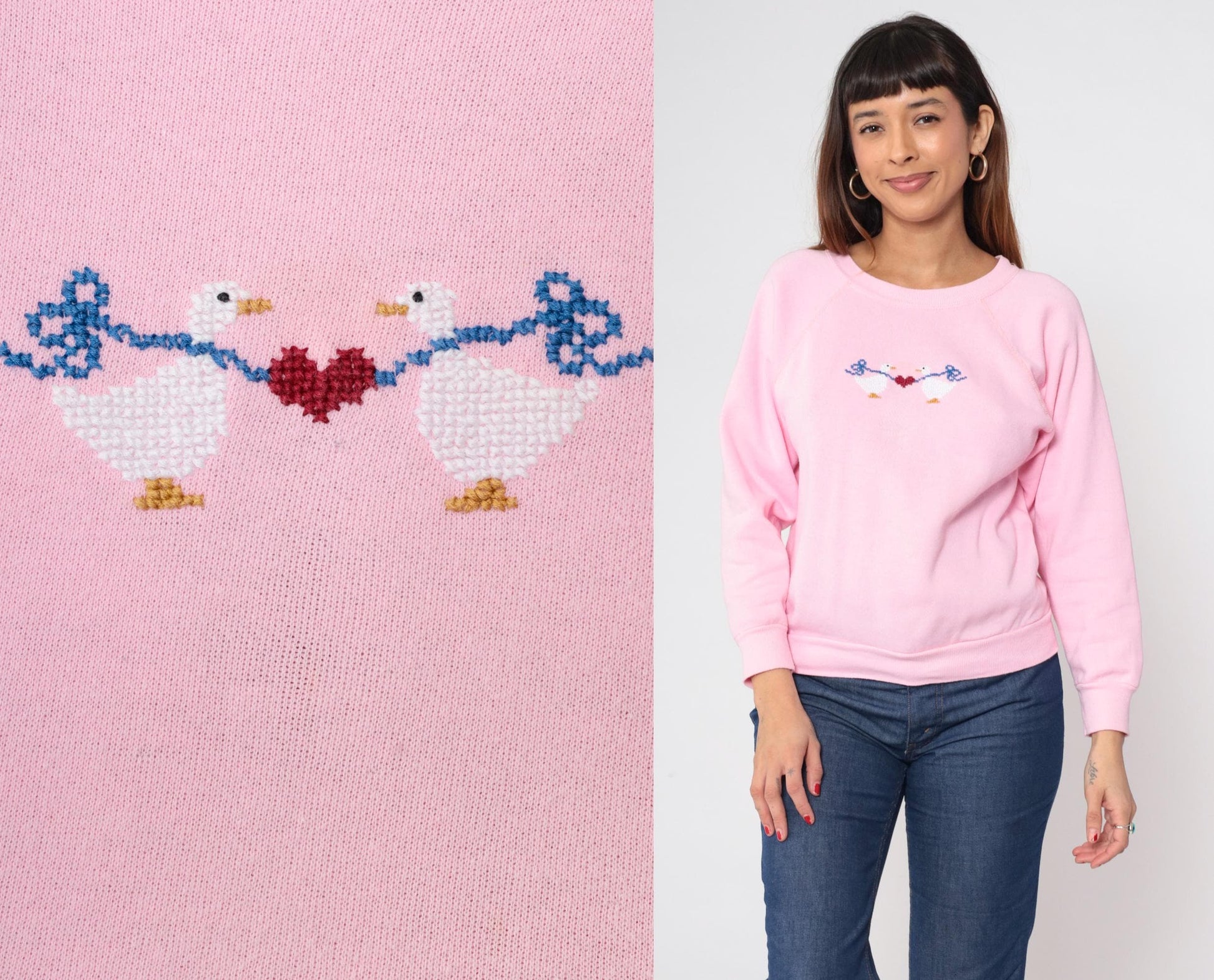 80s Pink Duck Embroidered Raglan Sweatshirt Heart Animal Crewneck Small
