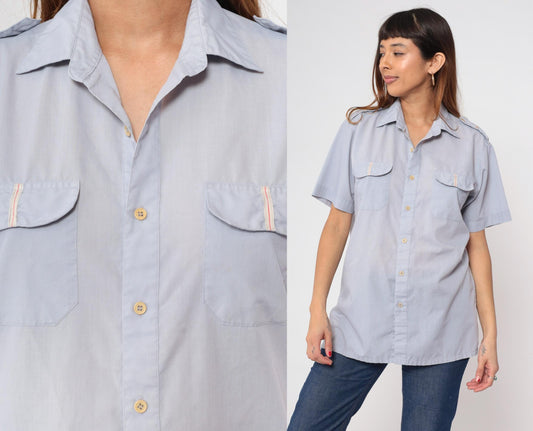 80s Claybrooke Grey-Blue Utility Shirt Button Up Chest Pocket Medium M