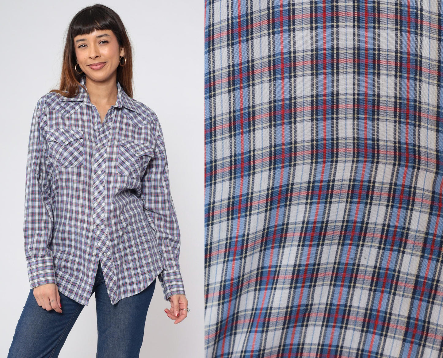 70s Sears Western Wear Plaid Pearl Snap Shirt Blue Red Checkered Men's Medium