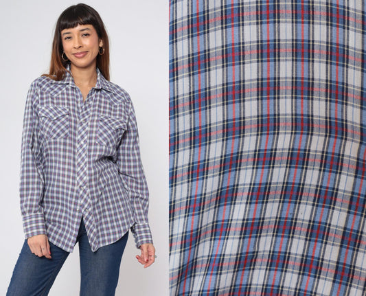 70s Sears Western Wear Plaid Pearl Snap Shirt Blue Red Checkered Men's Medium