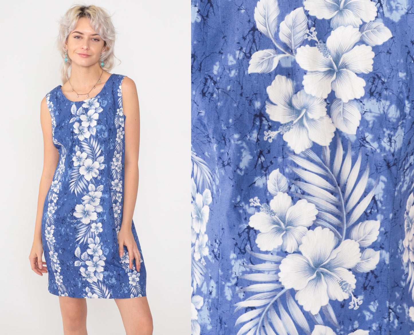 Y2K Hawaiian Floral Mini Dress Blue Sleeveless Cotton Sheath Small