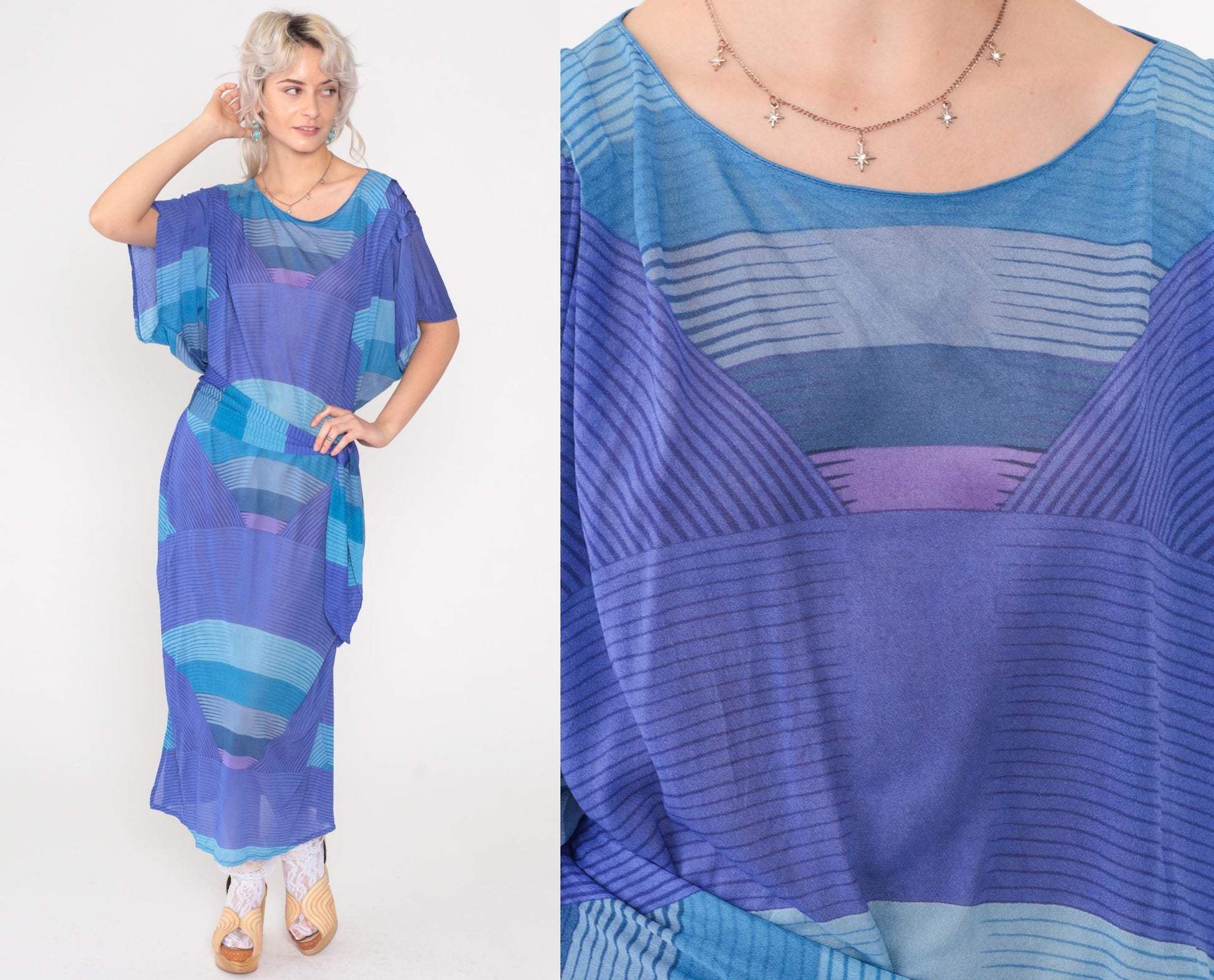 80s Abstract Striped Caftan Maxi Dress Purple Blue Dolman Sleeve Keyhole Extra Large