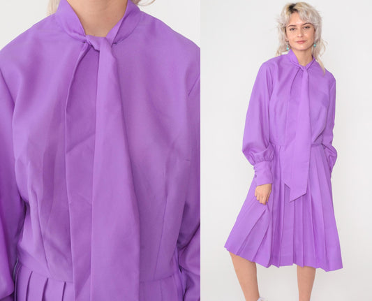 70s Purple Ascot Midi Dress Long Sleeve High Waist Pleated Medium 8