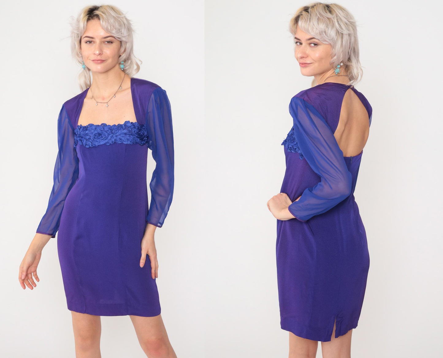 90s Purple Floral Soutache Mini Dress Keyhole Back Chiffon Sleeve Extra Small