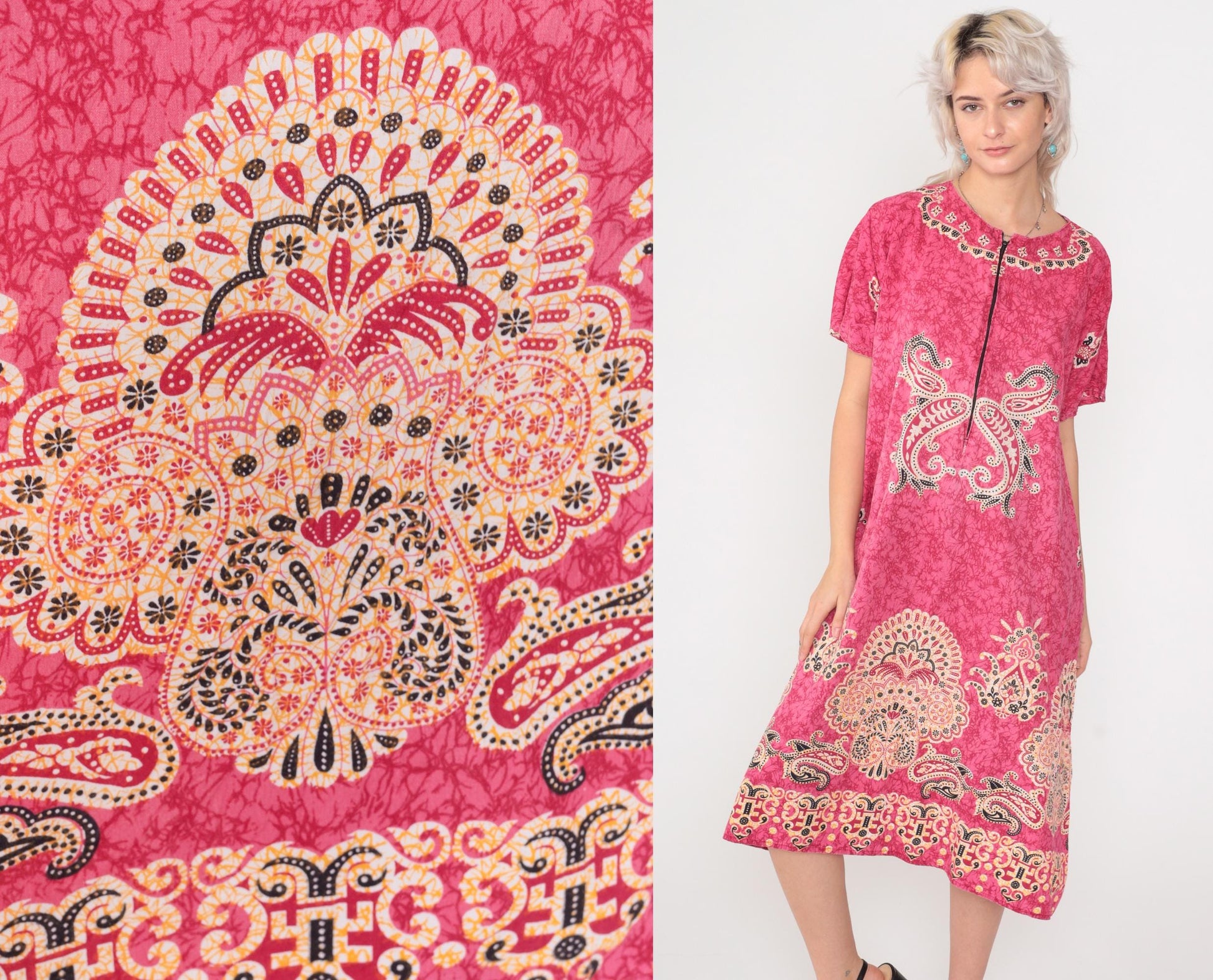 90s Pink Batik Paisley Midi Dress Front Zipper Shift Short Sleeve Large L