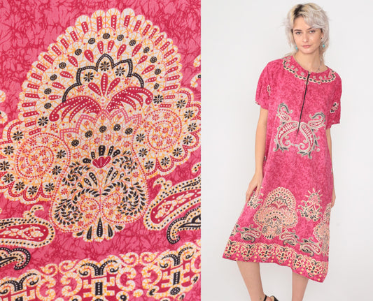 90s Pink Batik Paisley Midi Dress Front Zipper Shift Short Sleeve Large L