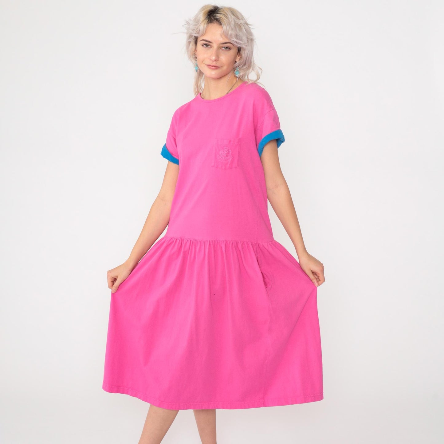 90s Jones Wear Fuchsia T-Shirt Dress Cotton Chest Pocket Drop Waist Midi Medium