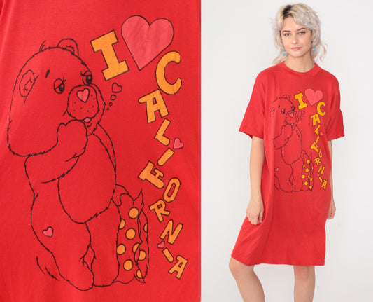 80s Teddy Bear I Heart California T-Shirt Dress Midi Red Graphic Nightgown Medium