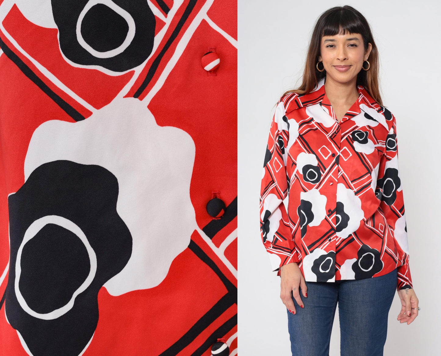 70s Print Bazaar Red Checkered Floral Button-Up Blouse Dagger Collar Medium