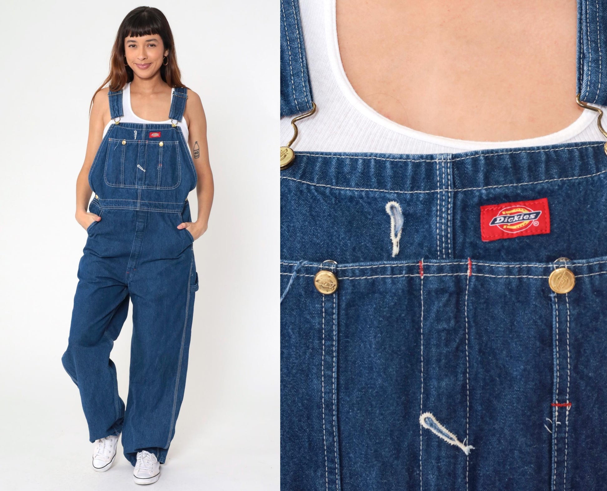Y2K Dickies Bib Overalls Dark Wash Denim Cargo Hammer Loop 32x34