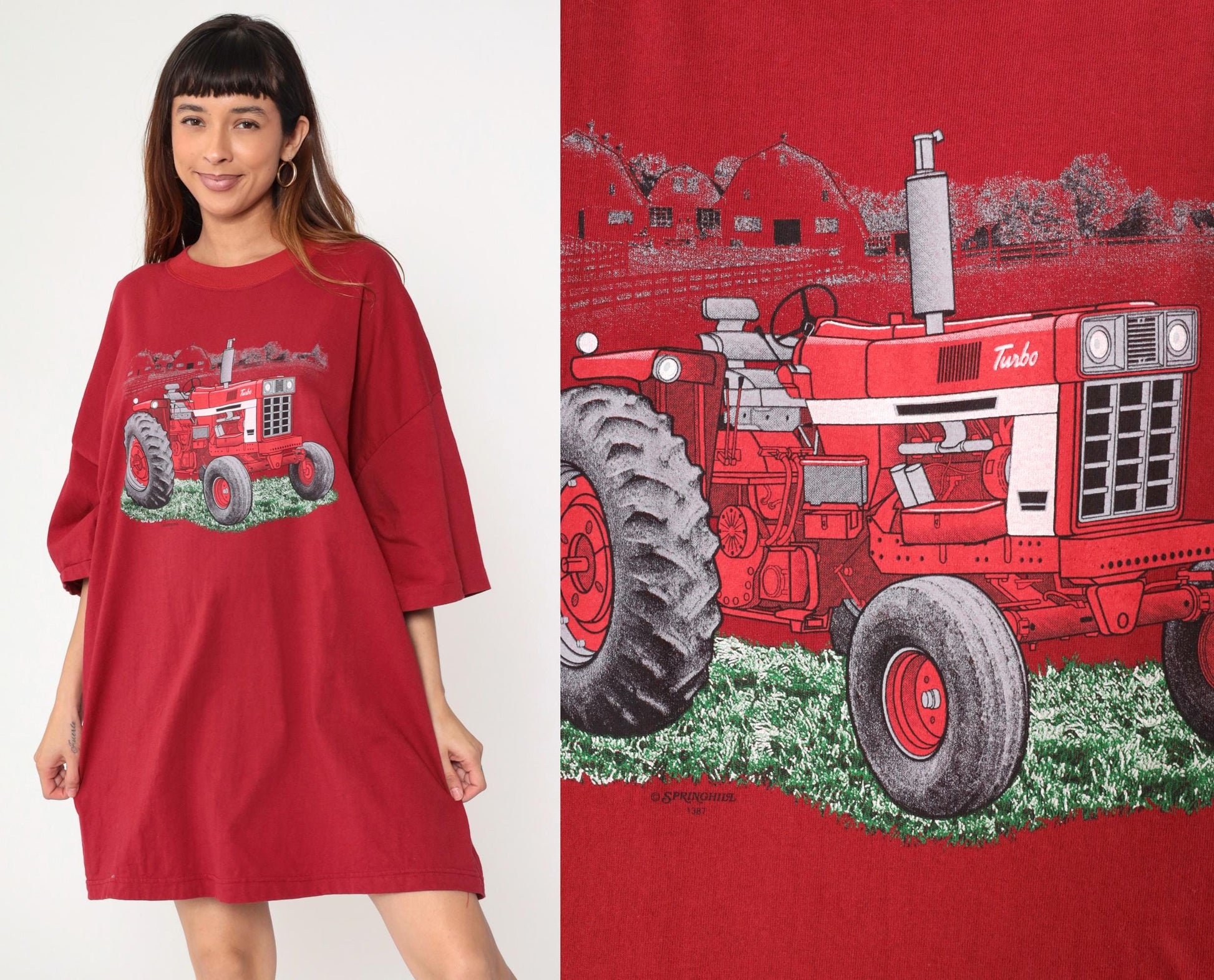 90s Red Tractor Farm Graphic T-Shirt Dress Cotton Crewneck Plus Size XXL