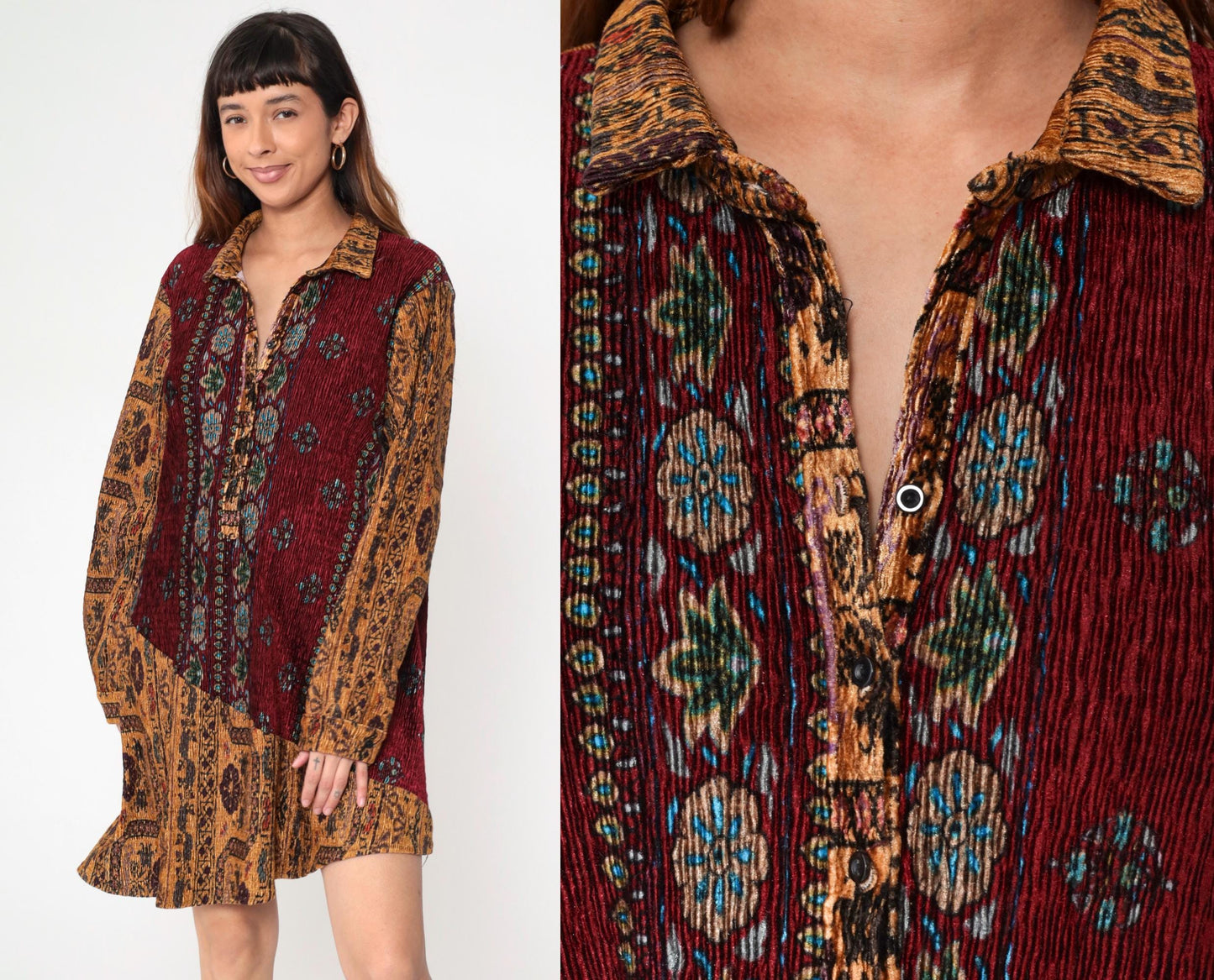 90s Paris Hues Floral Crinkle Mini Dress Burgundy Brown Asymmetrical Hem Medium Large