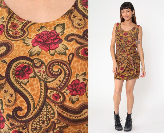 90s Forenza Silk Mini Dress Gold Floral Paisley Wrap Waist Sleeveless Medium