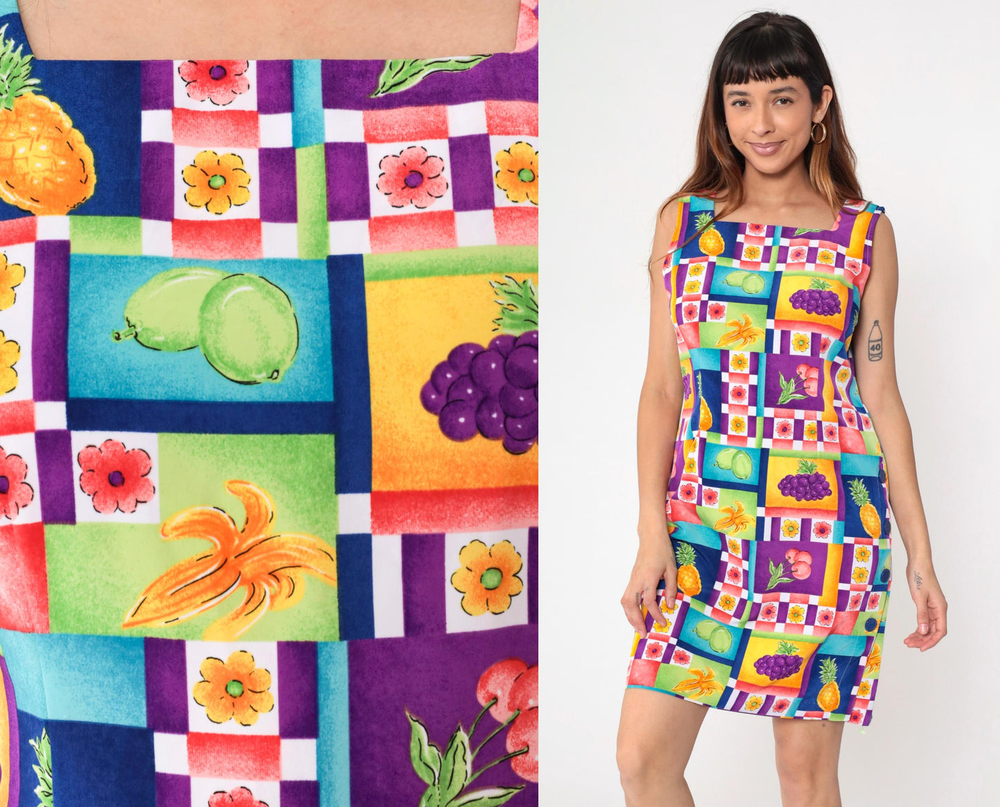 90s Sag Harbor Fruit Floral Mini Dress Sleeveless Square Neck Sheath Medium Petite