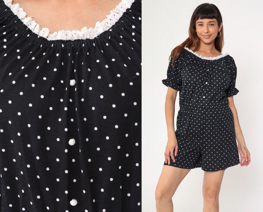 80s Black White Polka Dot Romper Eyelet Lace Puff Sleeve Playsuit Small