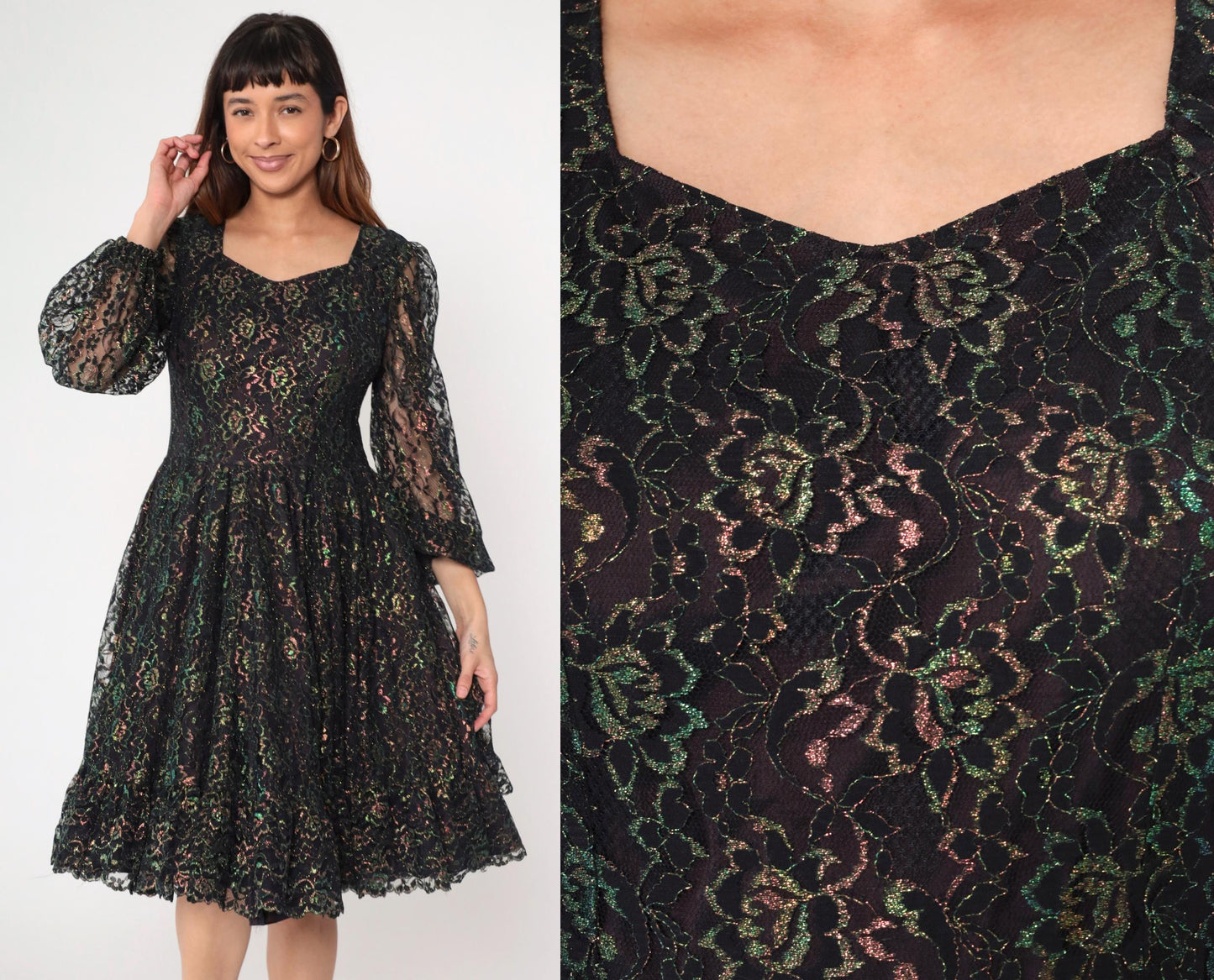 1960s Black Iridescent Lace Dress Sheer Sleeves High Waist Knee Length Medium M